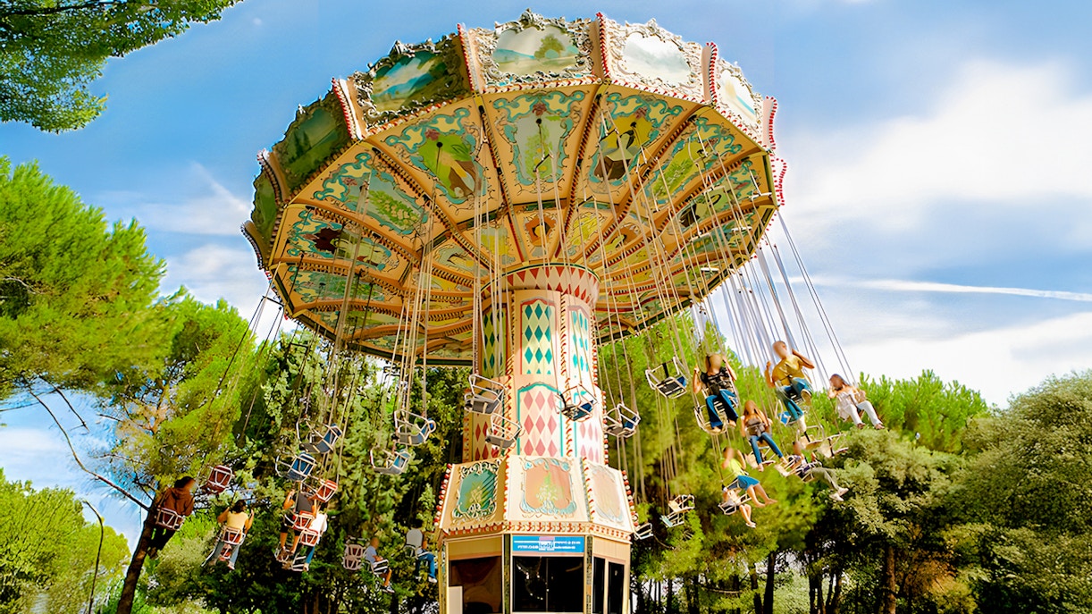 Flying chairs ride at Parque de Atracciones de Madrid, Spain.