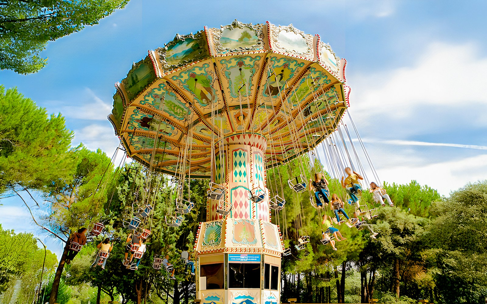 Flying chairs ride at Parque de Atracciones de Madrid, Spain.