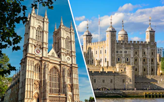 Westminster Abbey and Tower of London under blue sky, London.