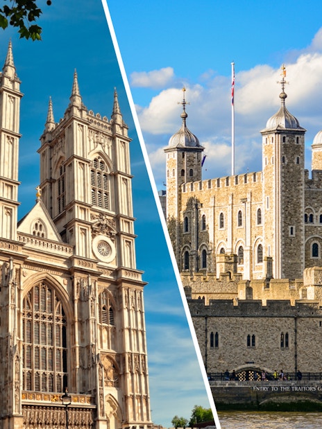 Westminster Abbey and Tower of London under blue sky, London.