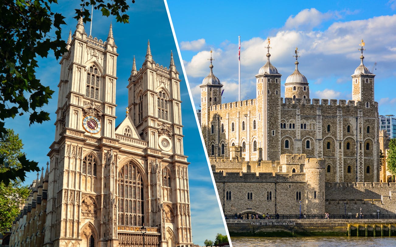 Westminster Abbey and Tower of London under blue sky, London.