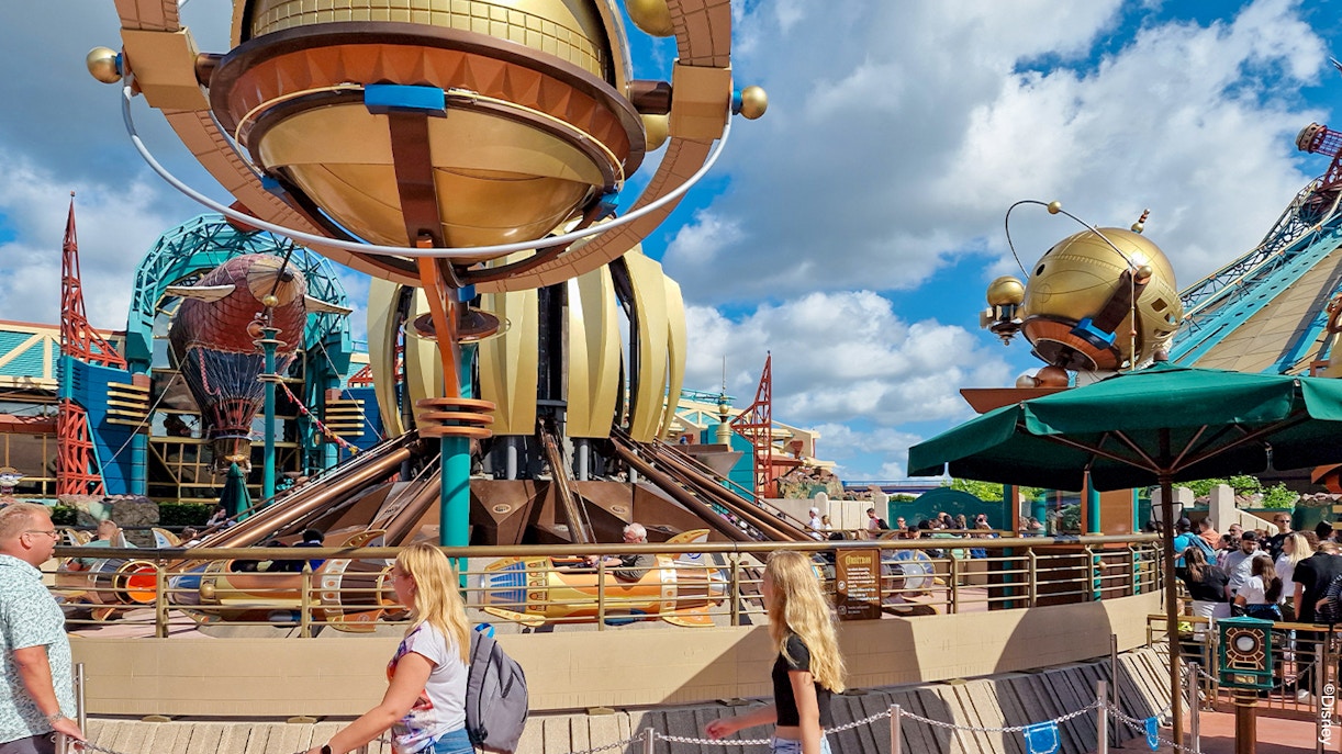 Discoveryland's Orbitron ride with futuristic design at Disneyland Park Paris.