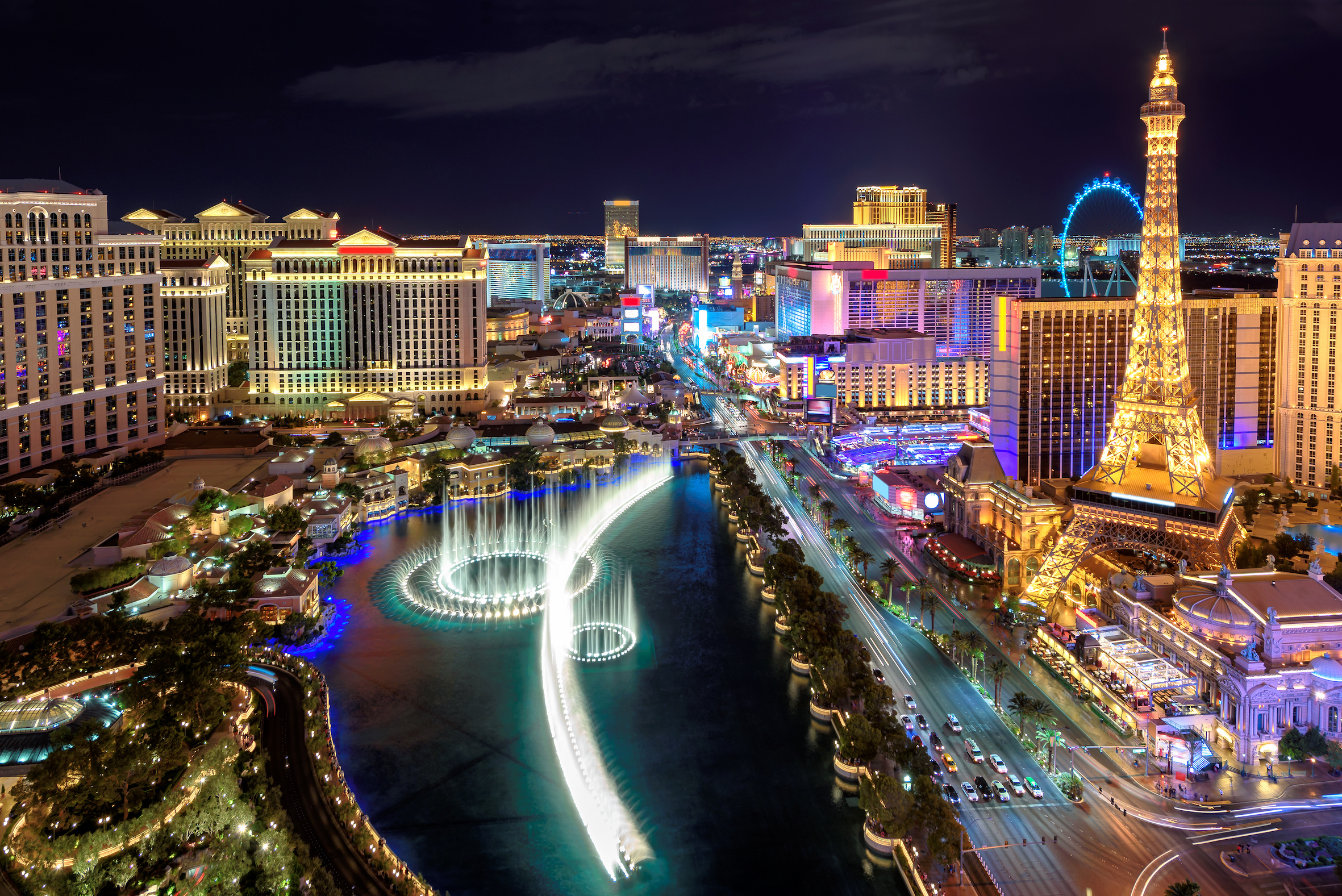 Aerial view of Las Vegas Strip with iconic hotels and casinos in Nevada.