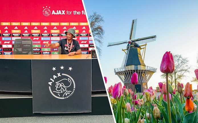 Tulips blooming with a windmill in Keukenhof Gardens, Netherlands.