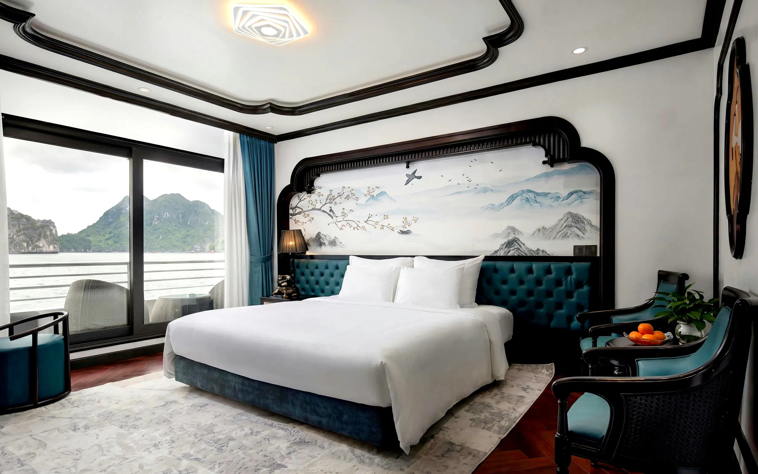 Premier suite with mountain view on Ha Long Bay luxury cruise.