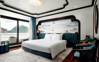 Premier suite with mountain view on Ha Long Bay luxury cruise.