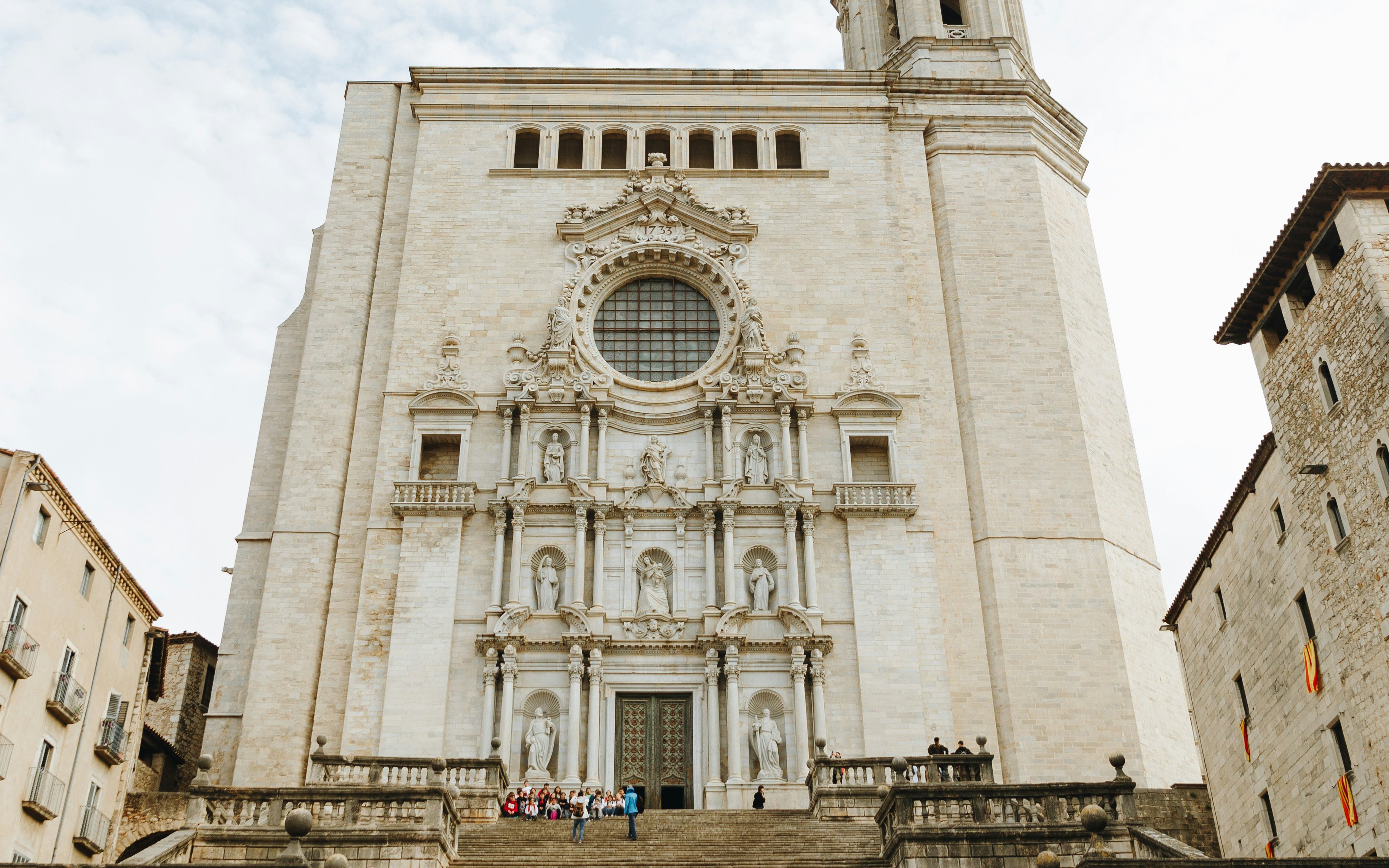 Girona Cathedral facade with detailed sculptures, Girona, Catalonia, Spain.