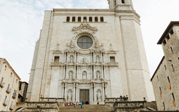 Girona Cathedral facade with detailed sculptures, Girona, Catalonia, Spain.