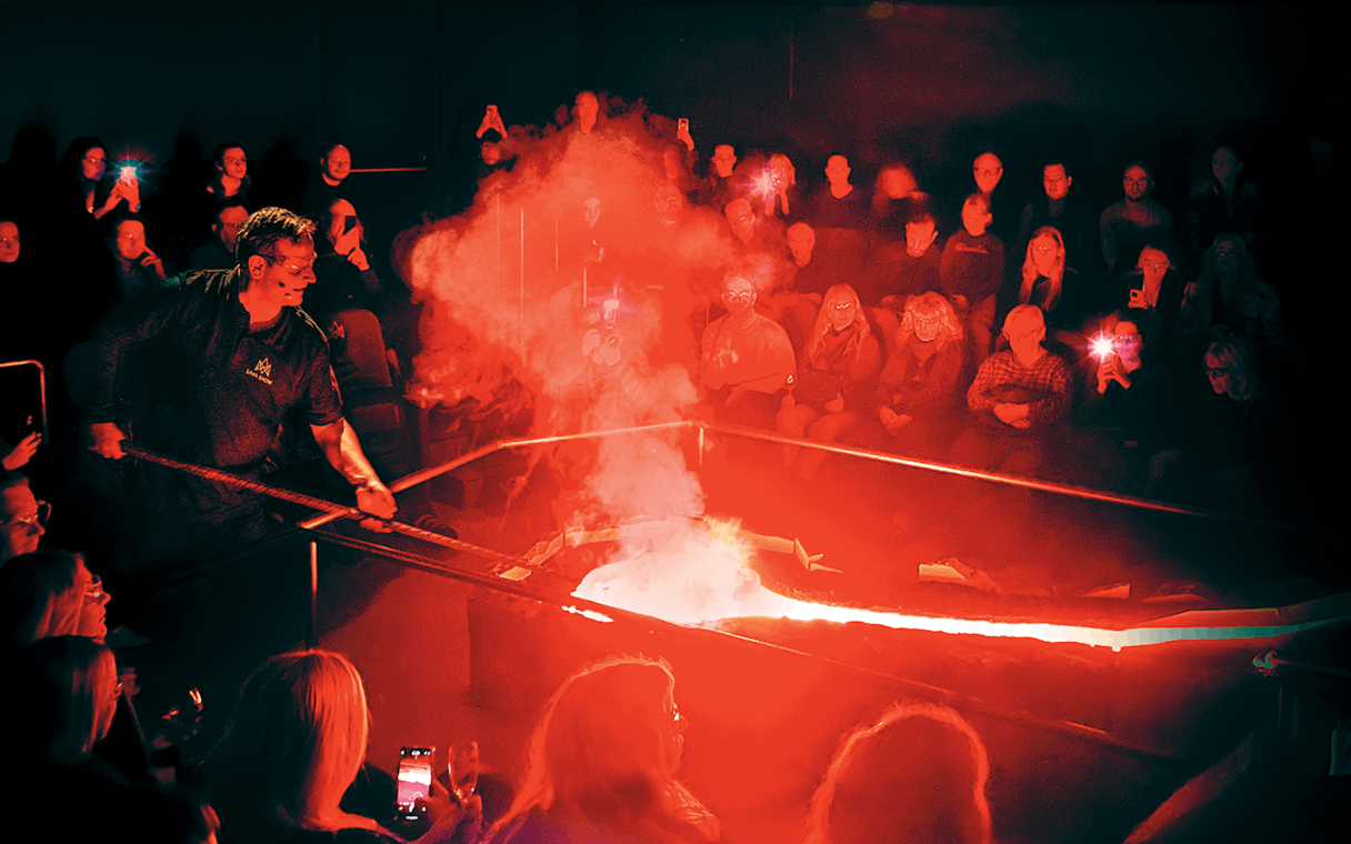 Guests watching a live lava demonstration in Reykjavik.