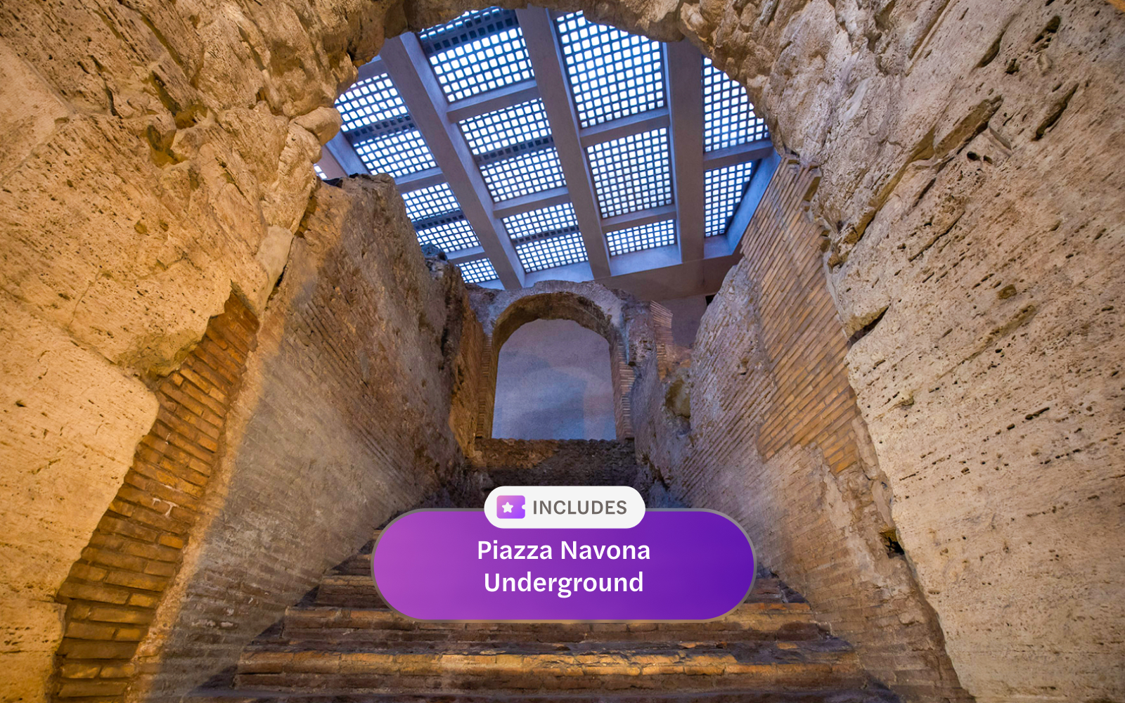 Piazza Navona Underground ancient stone walls and archway, Rome Explorer Pass.