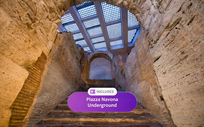 Piazza Navona Underground ancient stone walls and archway, Rome Explorer Pass.