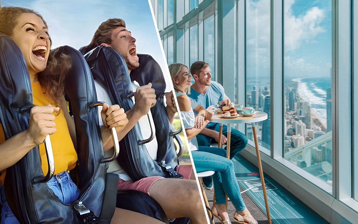 Visitors enjoying a thrilling ride at Dreamworld and dining with a view at SkyPoint Observation Deck, Gold Coast.