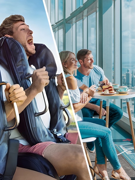 Visitors enjoying a thrilling ride at Dreamworld and dining with a view at SkyPoint Observation Deck, Gold Coast.