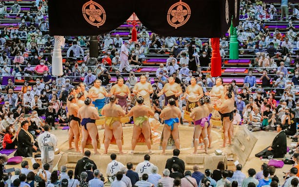 Sumo wrestlers in a ring at Kyushu Fukuoka Prefecture 2023 Grand Sumo November event.