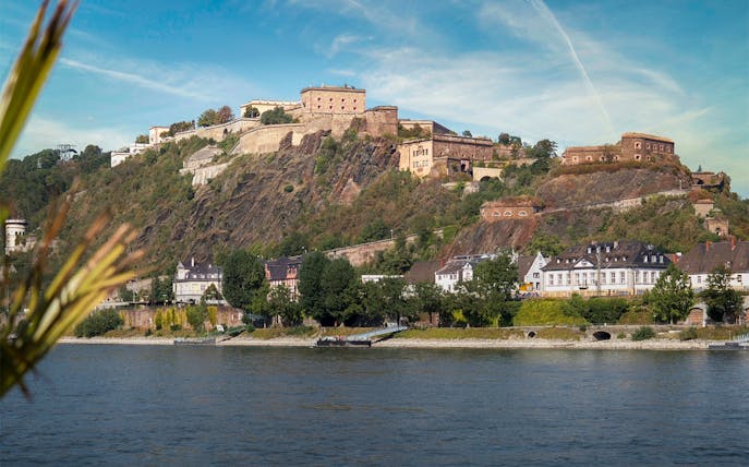 Ehrenbreitstein Fortress overlooking the Rhine River in Koblenz, Germany.