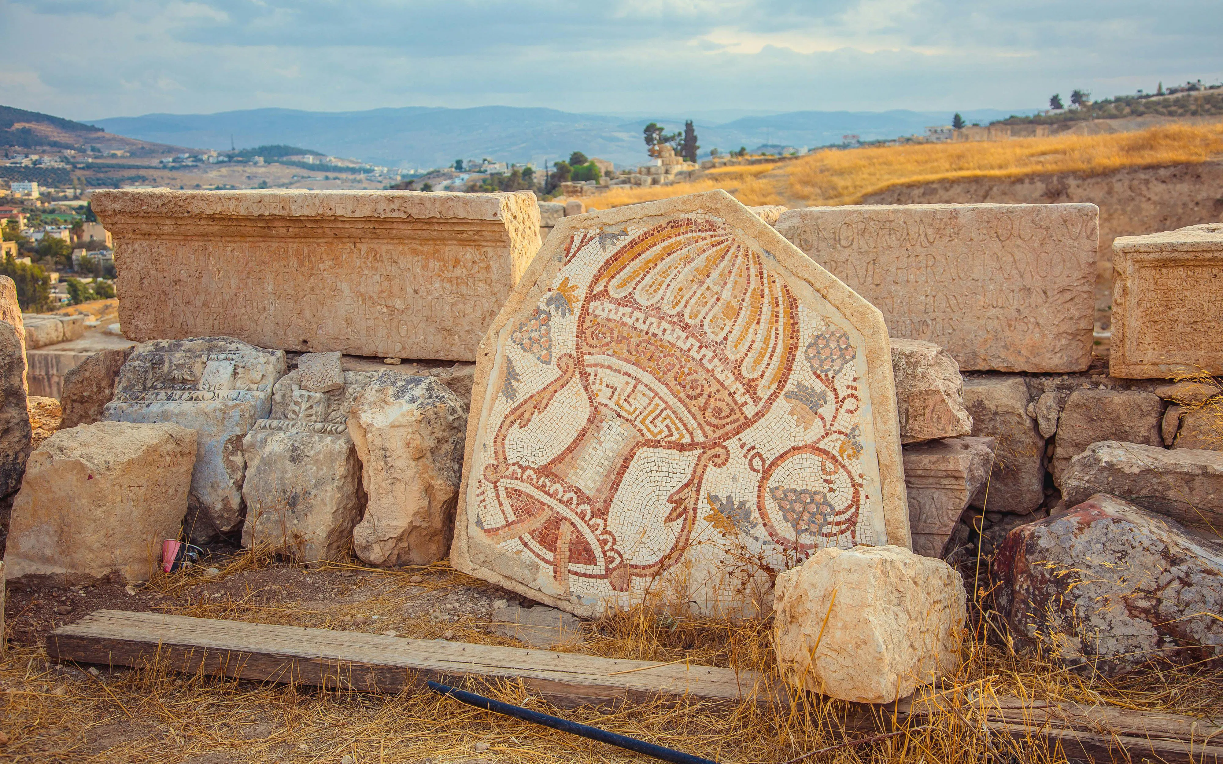 Old Roman mosaic with wine jar and grape in Jerash, Jordan.