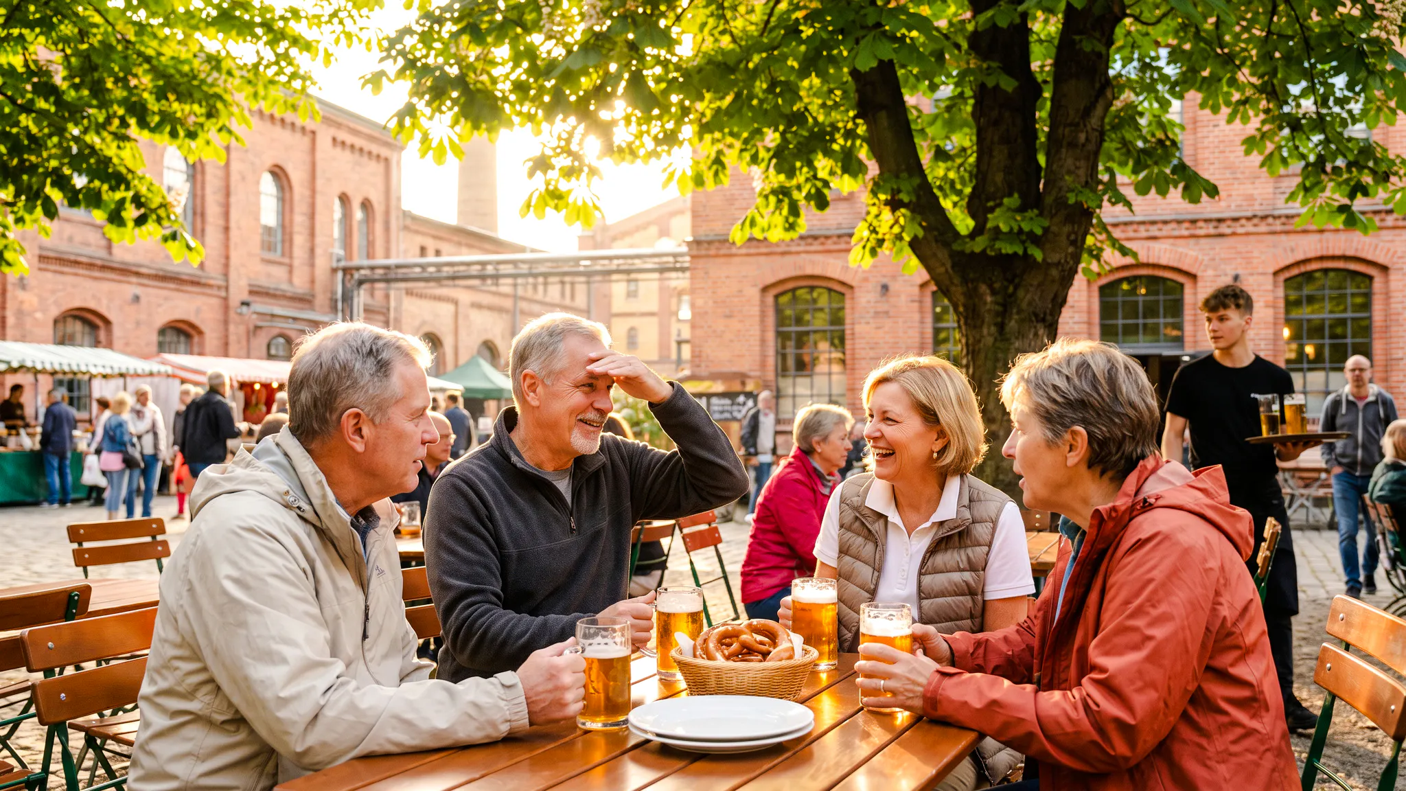 Group enjoying beer and pretzels at outdoor table during Berlin Oktoberfest walking tour.