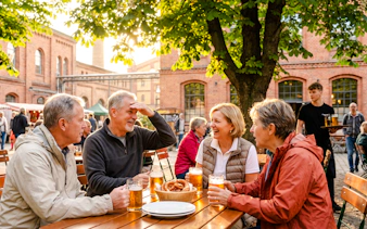 Group enjoying beer and pretzels at outdoor table during Berlin Oktoberfest walking tour.