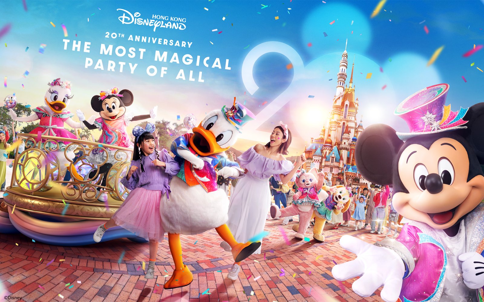 Characters celebrating 20th Anniversary at Hong Kong Disneyland with castle in background.