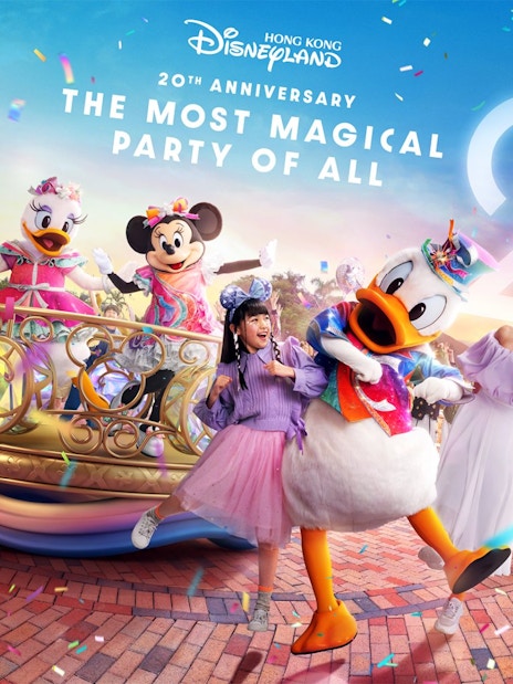 Characters celebrating 20th Anniversary at Hong Kong Disneyland with castle in background.
