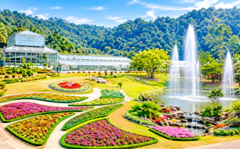 Queen Sirikit Botanic Garden with colorful flower beds, greenhouse, and fountain, Bangkok tour.
