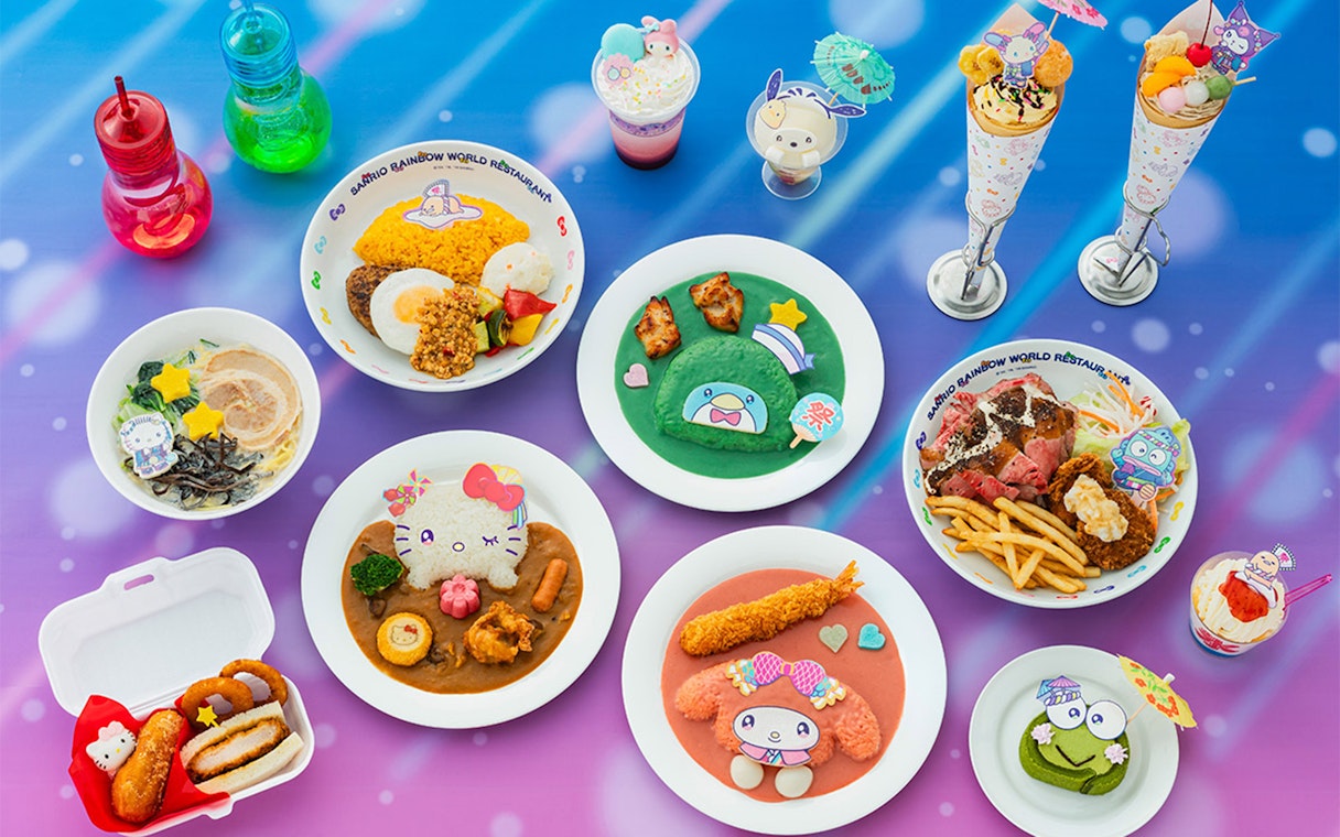 Sanrio Puroland themed meals with character designs and colorful desserts.