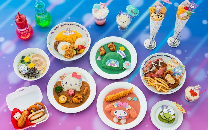 Sanrio Puroland themed meals with character designs and colorful desserts.