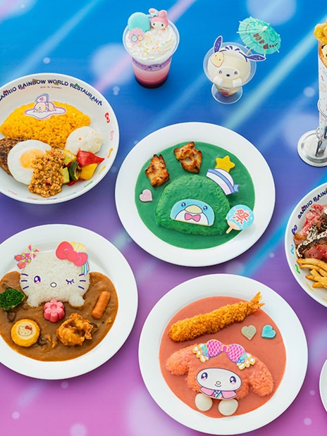 Sanrio Puroland themed meals with character designs and colorful desserts.