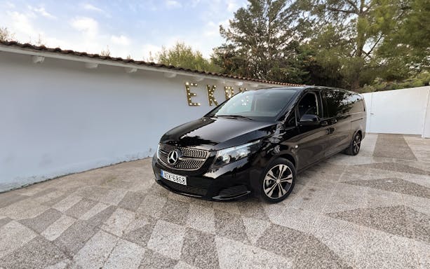 Black Mercedes van for private half-day tour in Athens with transfers and audio guide.