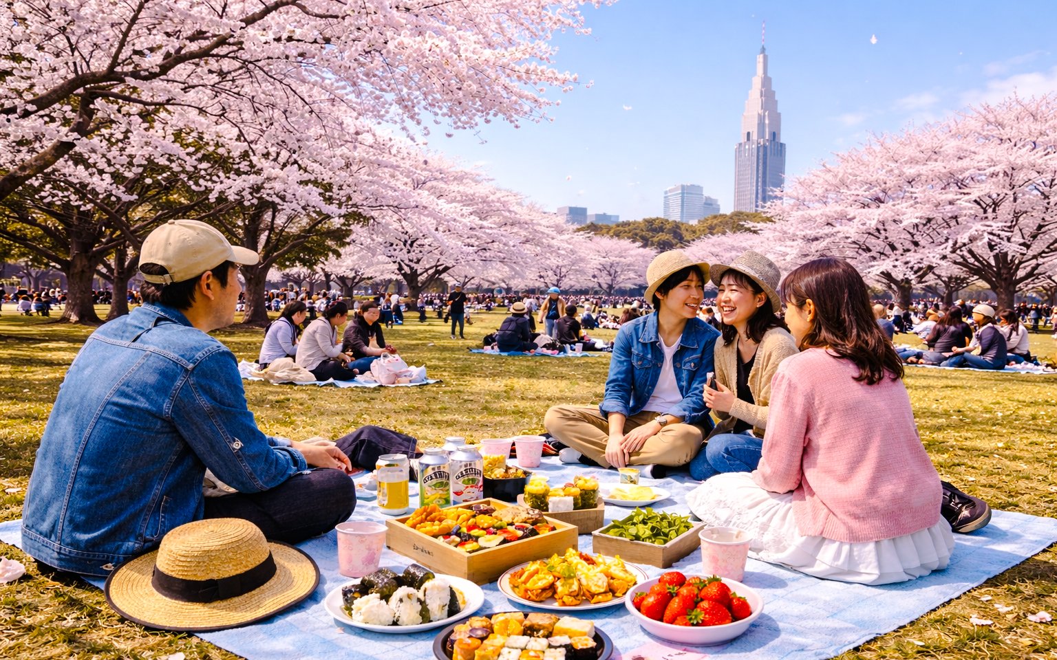 Traditional Hanami picnic under cherry blossoms in Tokyo park during spring.