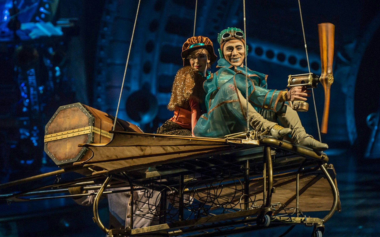Performers on a flying machine in Cirque du Soleil: Kurios show.