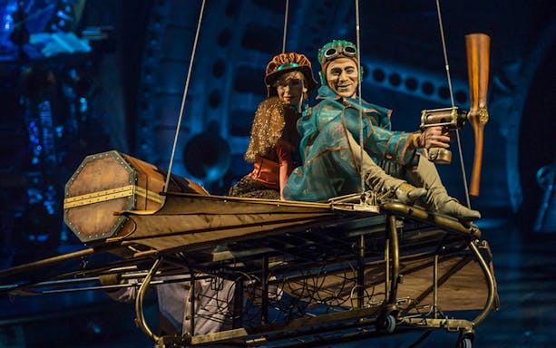 Performers on a flying machine in Cirque du Soleil: Kurios show.