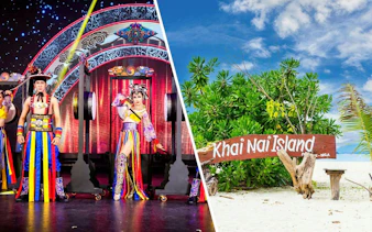 Simon Cabaret performers in colorful costumes and Khai Nai Island sign with tropical backdrop.