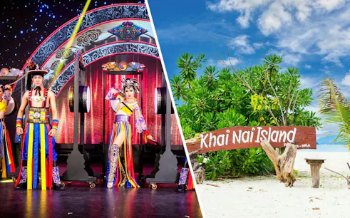 Simon Cabaret performers in colorful costumes and Khai Nai Island sign with tropical backdrop.