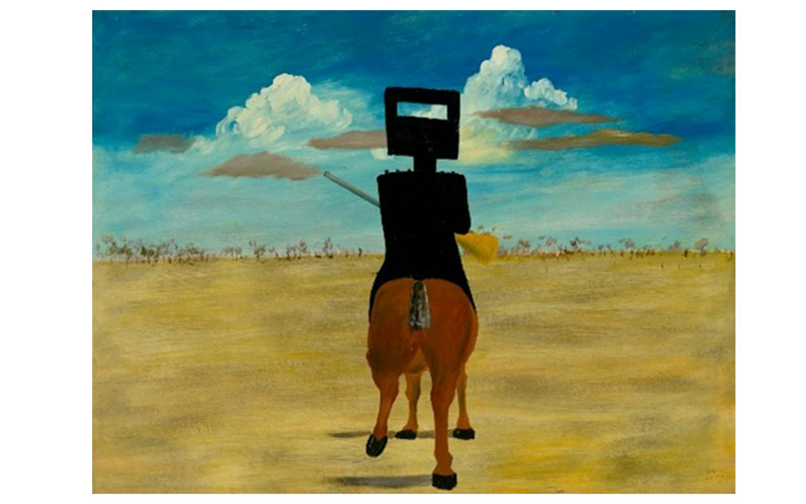 Painting of Ned Kelly on horseback in a landscape, Art Gallery of New South Wales.