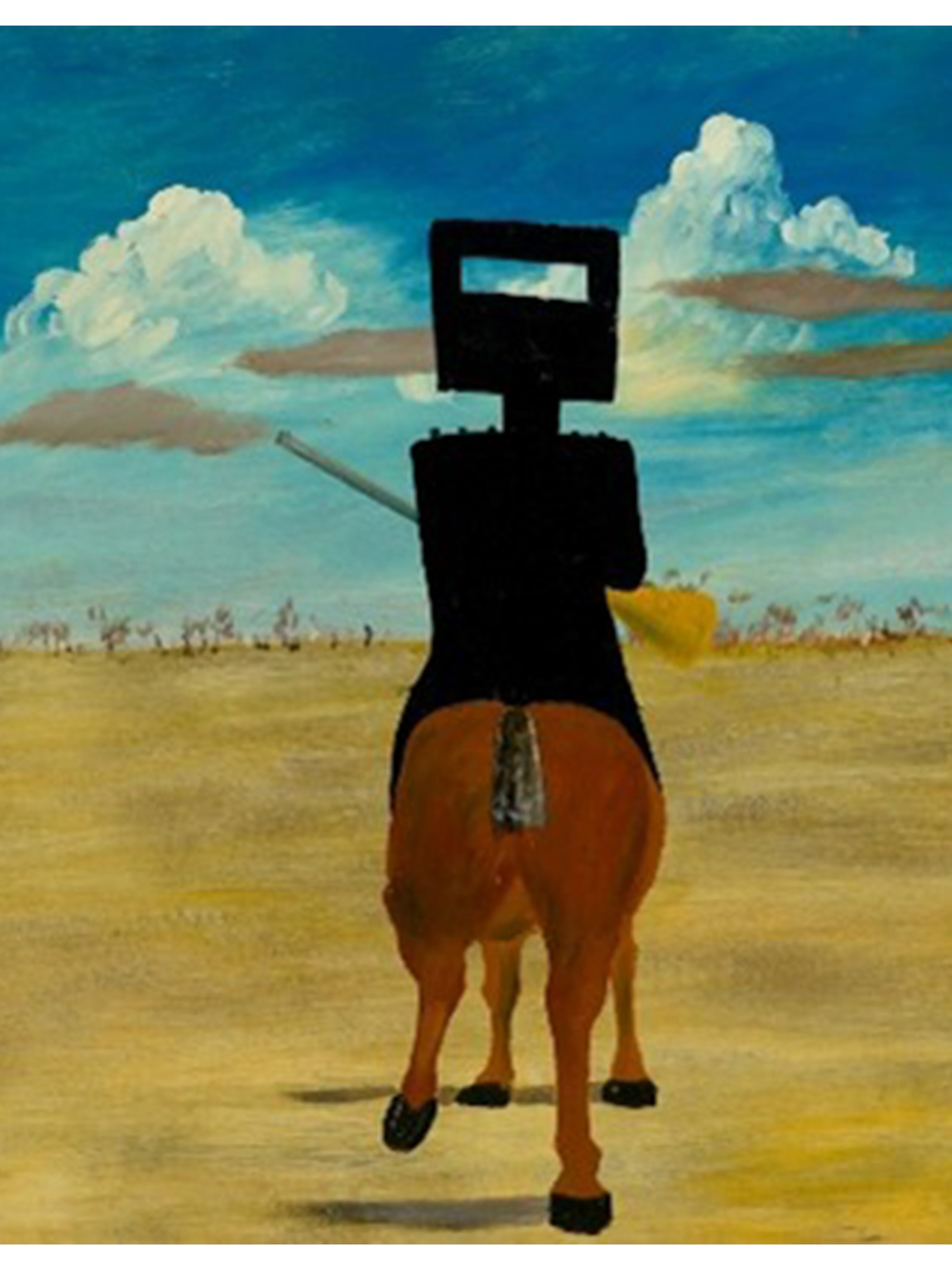 Painting of Ned Kelly on horseback in a landscape, Art Gallery of New South Wales.