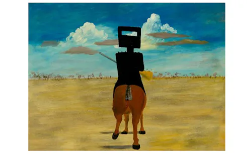 Painting of Ned Kelly on horseback in a landscape, Art Gallery of New South Wales.