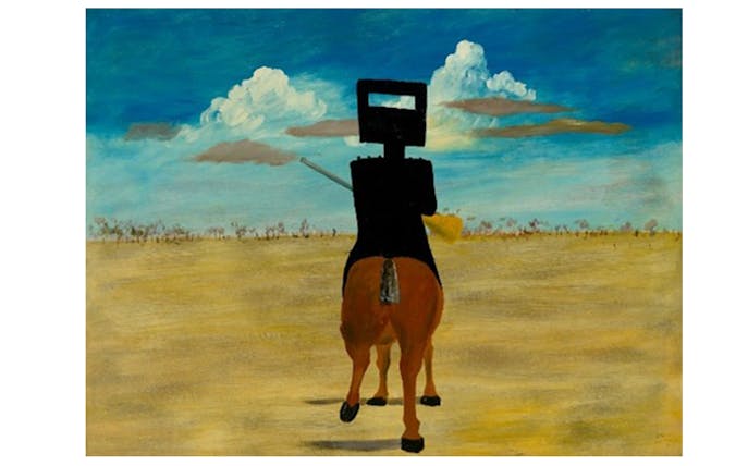 Painting of Ned Kelly on horseback in a landscape, Art Gallery of New South Wales.