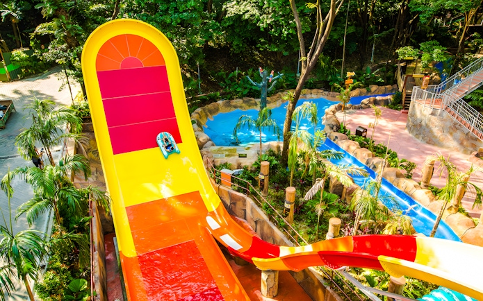 Water slide at Sunway Lagoon amusement park surrounded by tropical greenery.