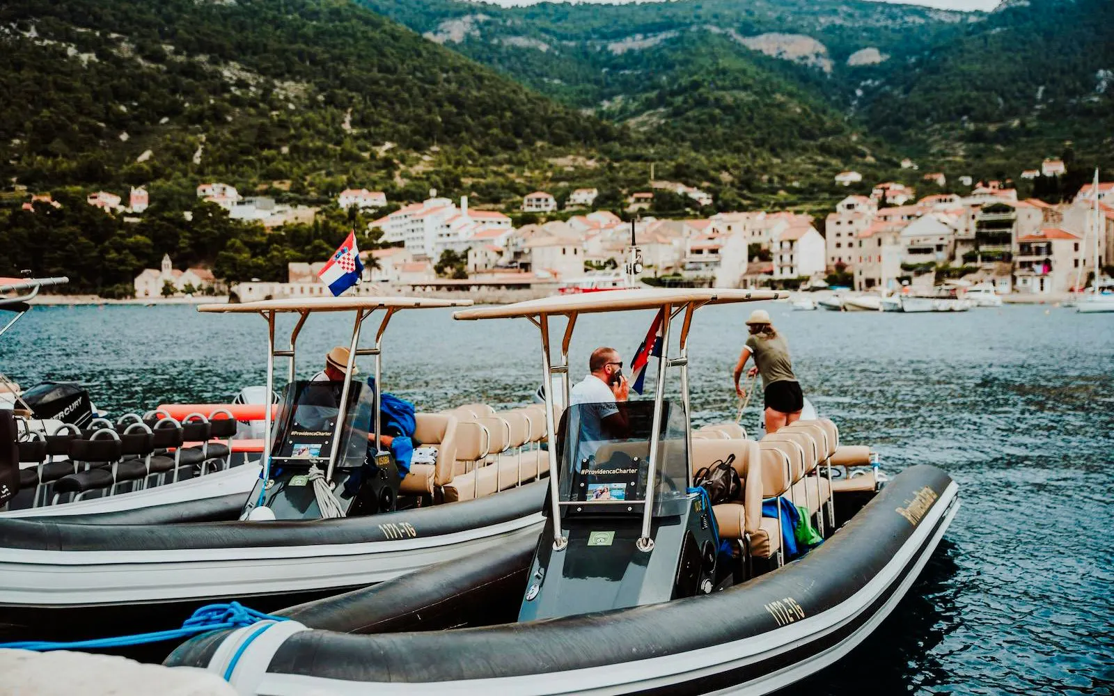 Speedboats docked in Split harbor for Blue Cave tour, Croatia.