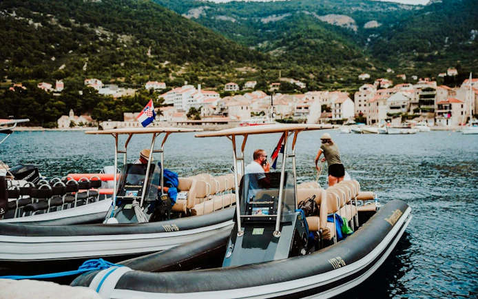 Speedboats docked in Split harbor for Blue Cave tour, Croatia.
