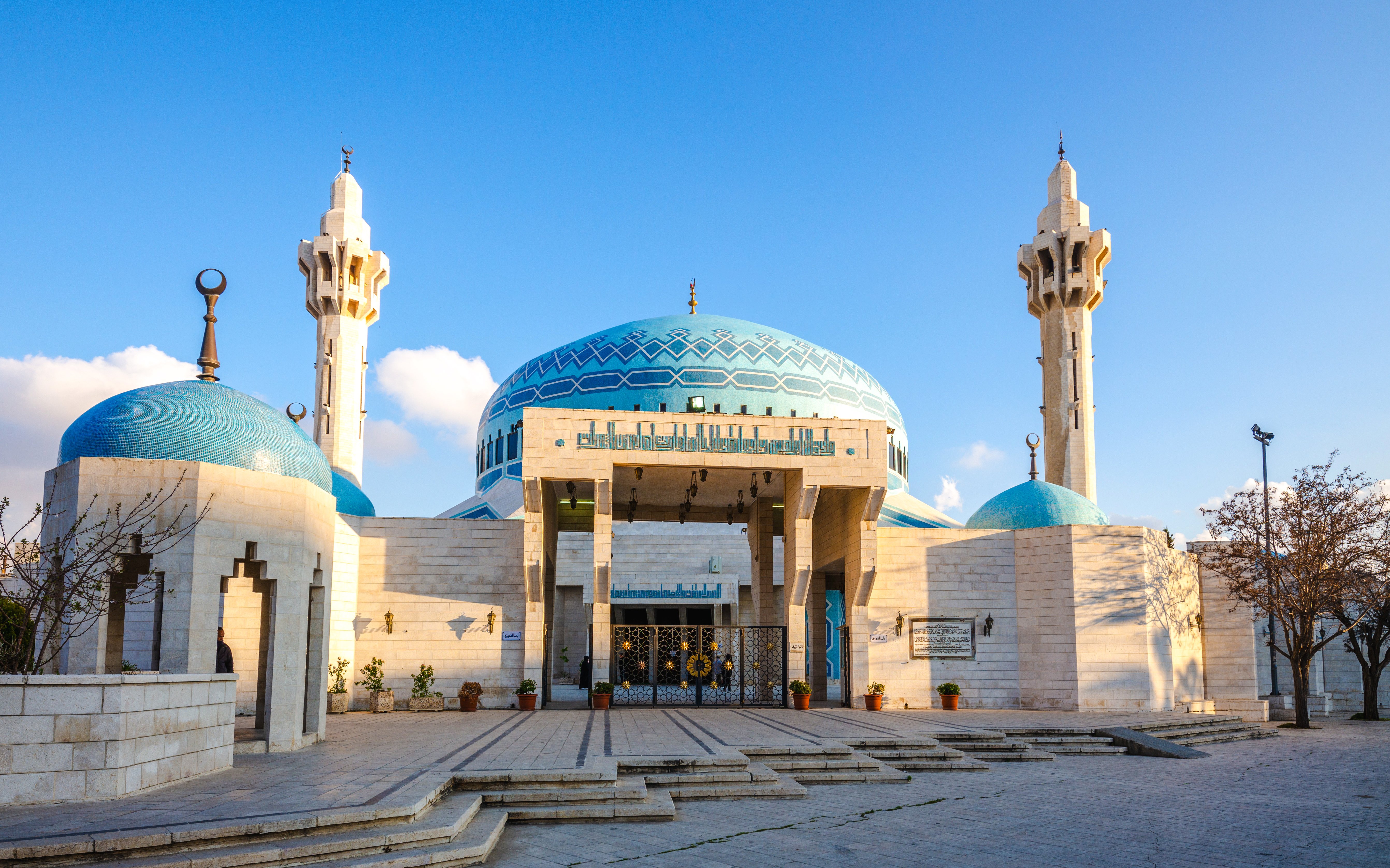 King Abdullah I Mosque with blue domes and minarets in Amman, Jordan.