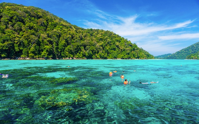 Snorkelers exploring clear waters near lush green hills of Surin Island, Thailand.