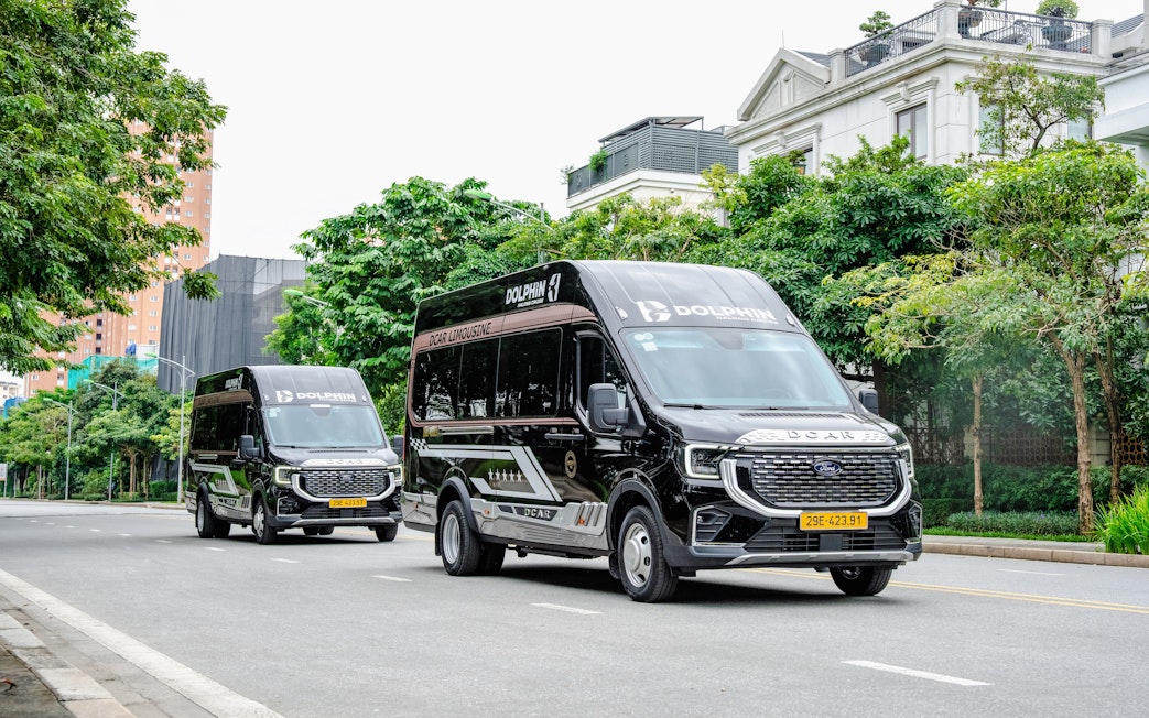 Dolphin Transfer vans driving on a tree-lined street.