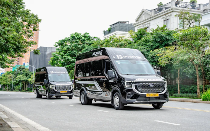 Dolphin Transfer vans driving on a tree-lined street.