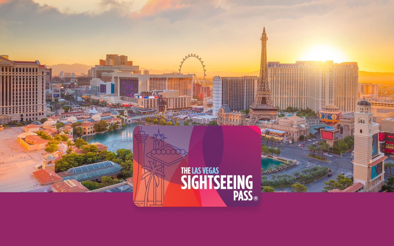 Las Vegas skyline with Eiffel Tower replica and SightSeeing Flex Pass card.