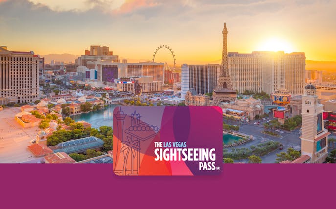 Las Vegas skyline with Eiffel Tower replica and SightSeeing Flex Pass card.