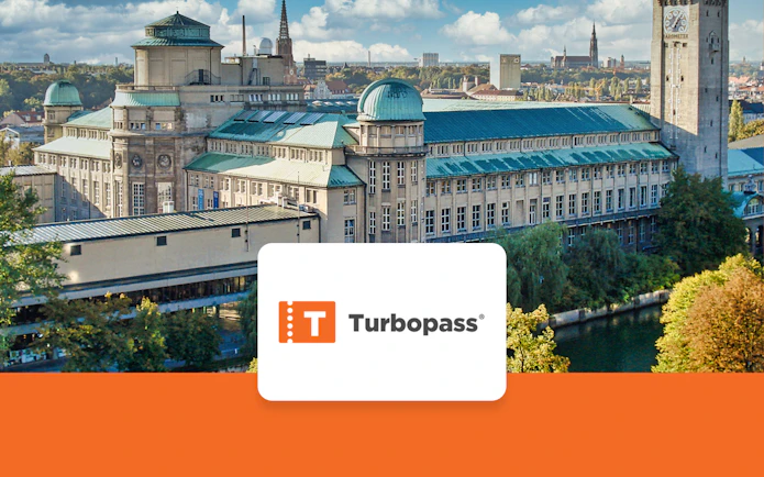 Munich Deutsches Museum with Turbopass logo, showcasing city pass benefits.