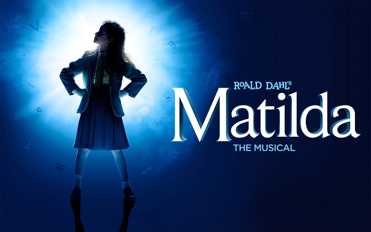 Silhouetted girl in school uniform with "Matilda The Musical" text.