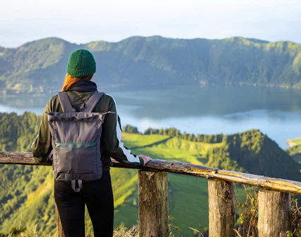 Traveler overlooking Sete Cidades crater lake on a half-day van tour.